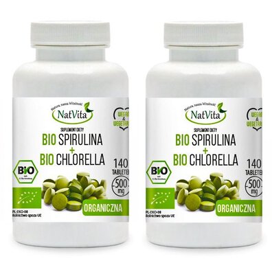 Zestaw 2x Spirulina + Chlorella Bio 140 tabletek NatVita